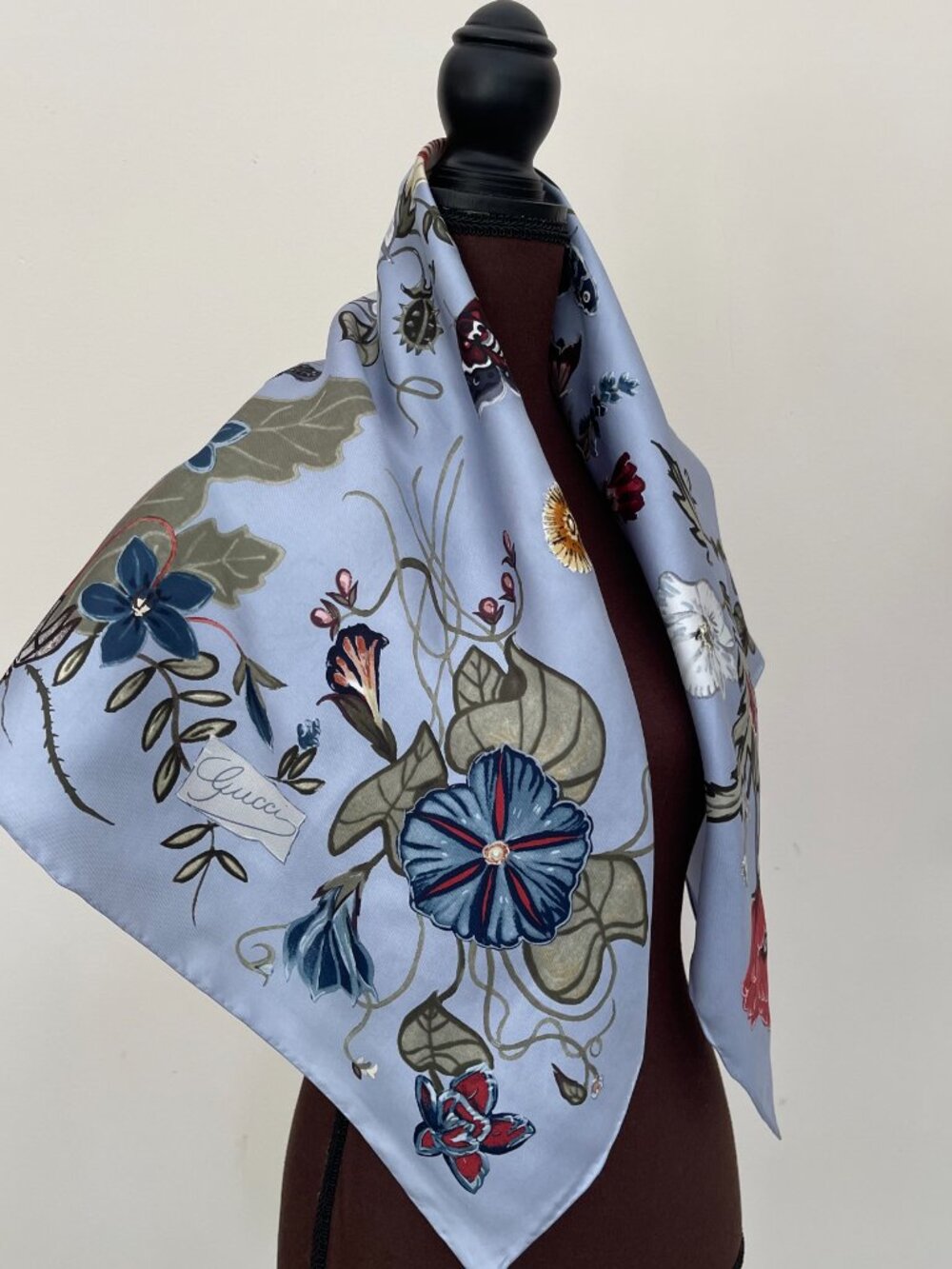 Display # 2 Gucci Pale Blue Silk Scarf with Multicolor Floral Print